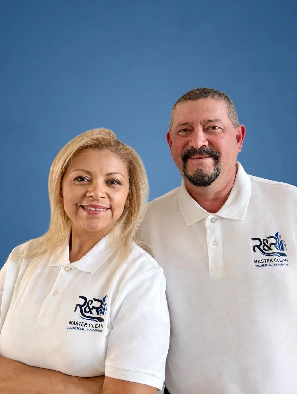 Rhina and Roberto Rodriguez, owners of R&R Master Clean, wearing their company polo shirts